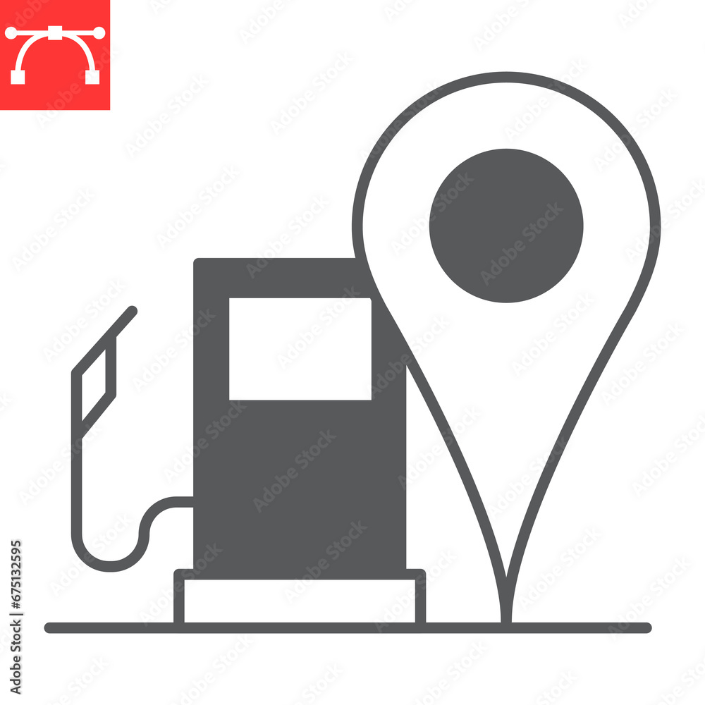 Gas station location glyph icon, navigation and map, gas station with pin vector icon, vector graphics, editable stroke solid sign, eps 10. Gas station location glyph icon, navigation and map, gas station with pin vector icon, vector graphics, editable stroke solid sign, eps 10.