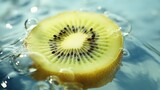  a kiwi cut in half sitting on top of a body of water with drops of water on the surface. generative ai