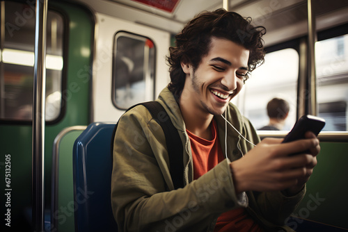 happy man in the train playing games on his smartphone photo