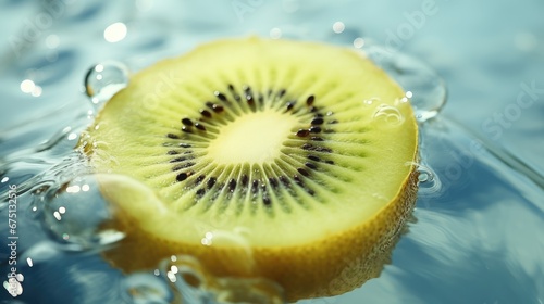  a kiwi cut in half sitting on top of a body of water with drops of water on the surface.  generative ai photo