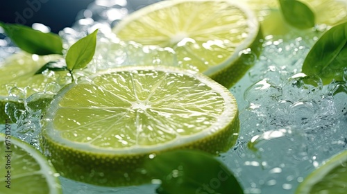  a group of limes with leaves on top of a body of water with bubbles and water droplets on the surface.  generative ai