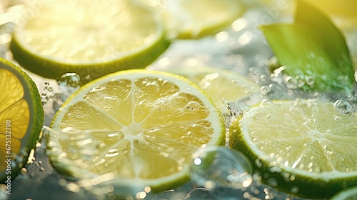  a group of lemons and limes with water splashing on them and a slice of lime in the middle of the frame.  generative ai