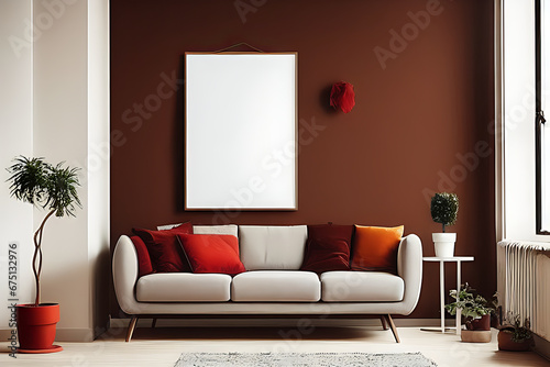 A Crimson Couch and Coffee Table  Potted Plants  Brown Theme Wall with Vertical Blank Poster in a Minimalist Room