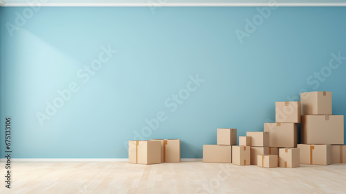 Empty blue mock up copy space wall with Cardboard boxes in empty room interior, moving concept. Sunlight big windows. Move to new building. Ai generative © ImageFlow