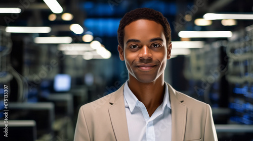 Portrait of Black Man in white suit. Internet Security Concept. Data Cloud Protection Network, Server Room backdrop, Ai Generative