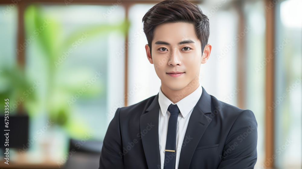 Portrait of confident Asian man in black suit. Businessman in formal suit. Business success concept. Office background. Asian Guy smiles and look at the camera. Ai generative. Portrait of confident Asian man in black suit. Businessman in formal suit. Business success concept. Office background. Asian Guy smiles and look at the camera. Ai generative.