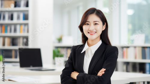 Portrait of beautiful businesswoman looks at the camera and smiles. Asian Woman with stylish hair. Office background. Feminine business and career success concept. Ai generative
