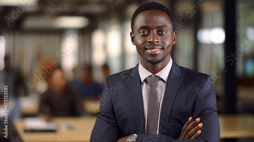 Portrait of Black Handsome Businessman in formal suit. Business success concept. Office background. Guy smiles and look at the camera. Ai generative.