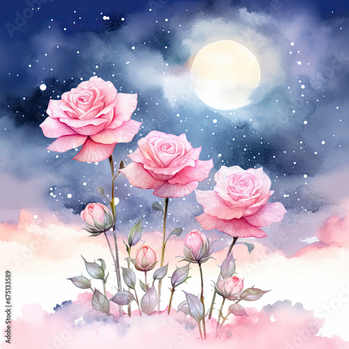 Fantasy magical morning or evening sky with fabulous romantic pink rose flowers garden  shining stars and mysterious clouds Illustration  Generative Ai