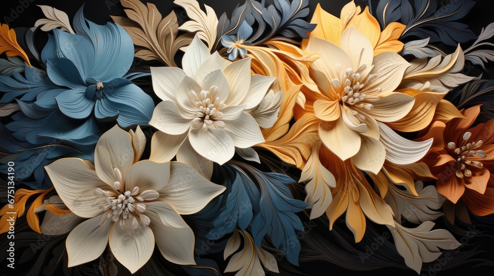a close up of a bunch of flowers painted on a black background with gold, blue, and orange flowers. generative ai a close up of a bunch of flowers painted on a black background with gold, blue, and orange flowers. generative ai