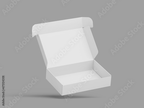 White Blank Floating Open Cardboard Box for Packaging Mockup in Grey Background