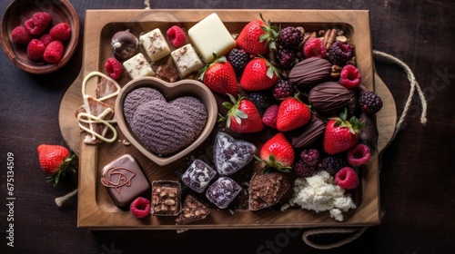  a wooden tray filled with chocolates, strawberries, raspberries, and a heart shaped box of chocolates.  generative ai