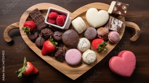  a heart shaped platter filled with assorted chocolates and strawberries next to a small bowl of strawberries.  generative ai