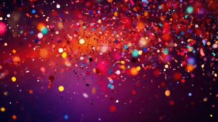 A festive and colorful party with flying neon confetti on a purple, red and blue background