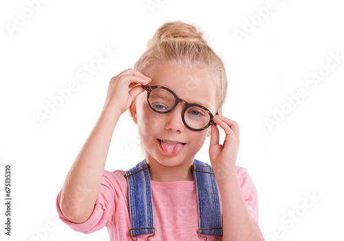 Funny face, kid and tongue with fashion glasses for vision, optometry and eye care on isolated, transparent and png background. Portrait, girl and child with silly style, emoji and facial expression