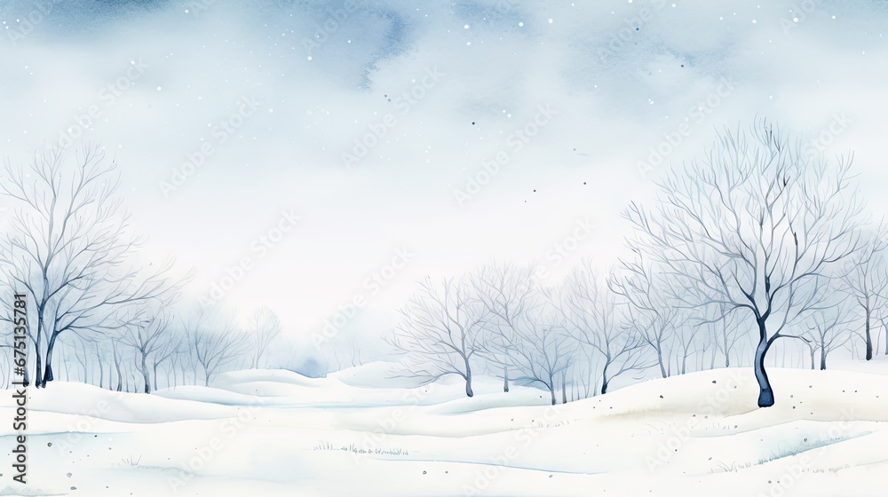  a painting of a snowy landscape with trees in the foreground and a blue sky with clouds in the background.  generative ai