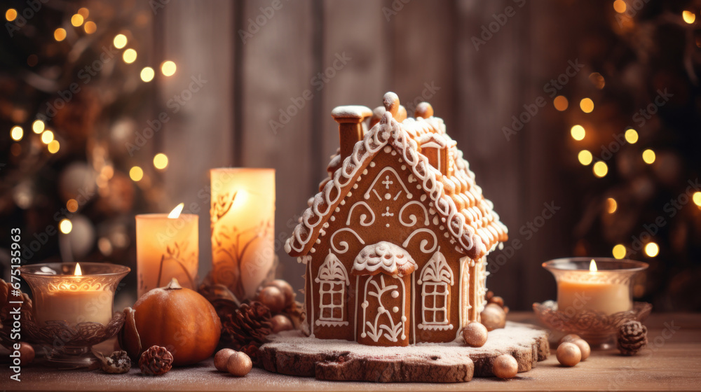 Gingerbread house on the wooden table Gingerbread house on the wooden table