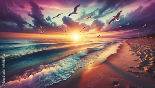 birds flying over a beach at sunset 