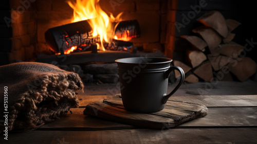 A cup of coffee with a plaid blanket by a lit fireplace