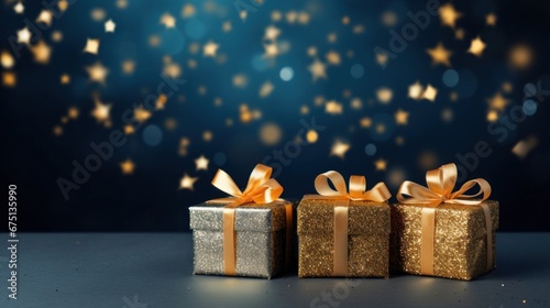 Golden gift presents on a light dark blue background with colorful bokeh and stars glittering