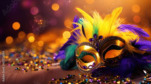Carnival mask with colored feathers on a blurred background © tashechka