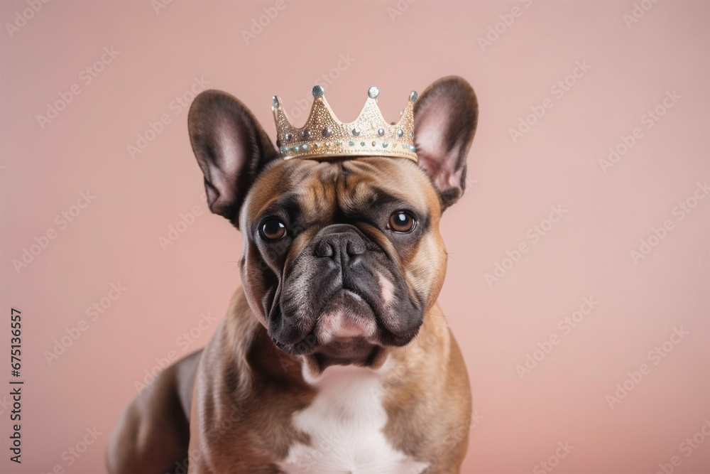 French Bulldog dog with golden crown on head on beige background