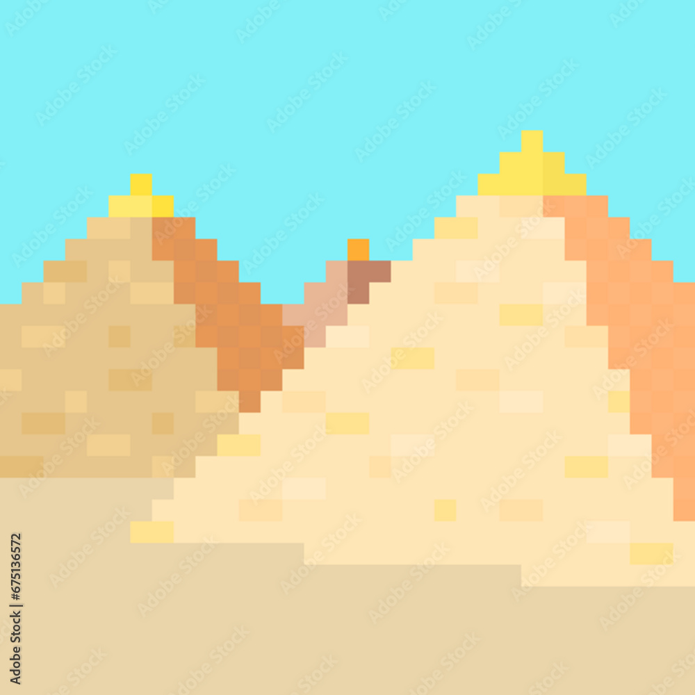 Fototapeta premium Pirámides pixeladas con cielo en el desierto en estilo videojuegos clásicos en píxeles. Creado por el artista Diego Ferro