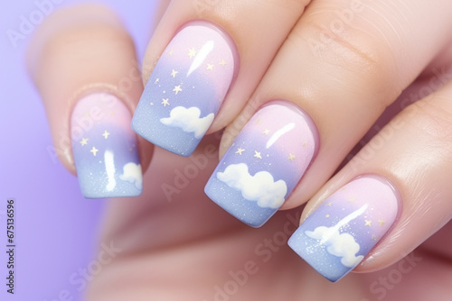 Fingernails with pastel colored sky with clouds and stars design nail polish