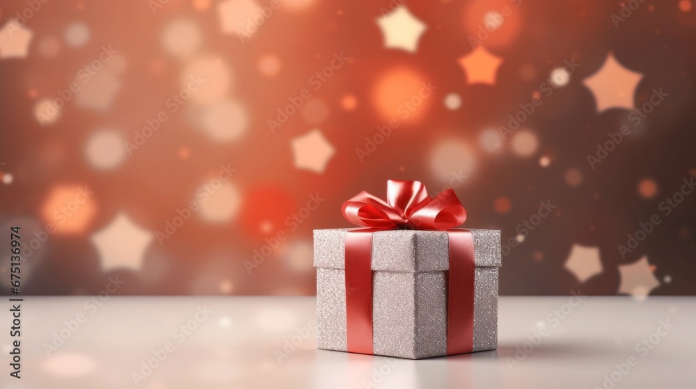 Gift present on a light red background with colorful bokeh and stars glittering