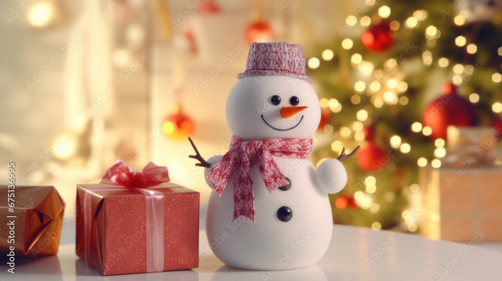 Snowman toy with xmas tree and gift box