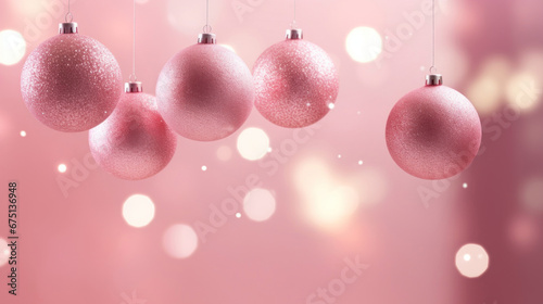 Pink Christmas decorative balls hanging on bokeh lights soft background