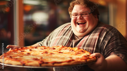Fat happy man in restaurant or cafe with pizza photo