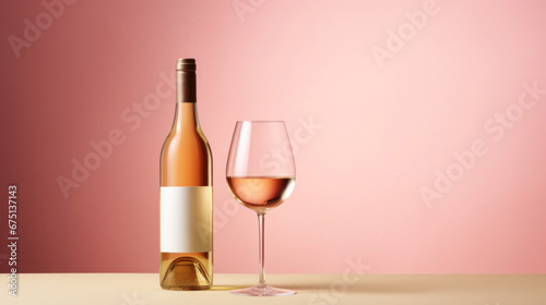 White wine bottle with a glass on a pastel pink background