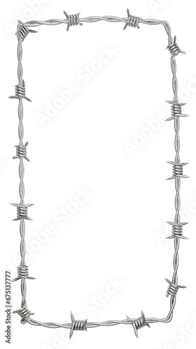  A 3D illustration of a single-line barbed wire fence twisted into the shape of a vertical 9:16 rectangle frame, presented in PNG format with a transparent background.