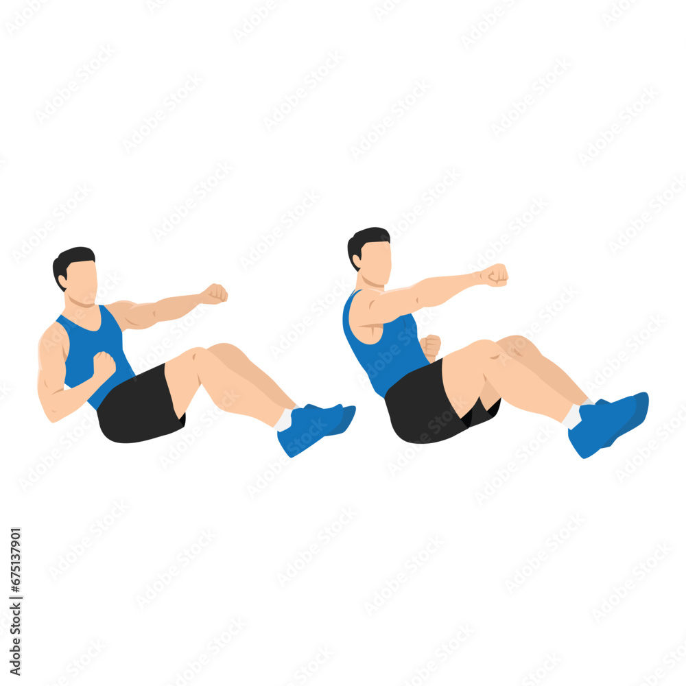 Man doing seated punches exercise. Flat vector illustration isolated on white background Man doing seated punches exercise. Flat vector illustration isolated on white background