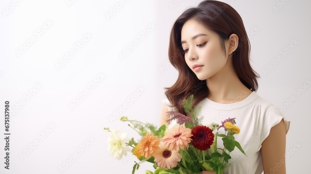 A Japanese florist looks to the left in a thinking pose A Japanese florist looks to the left in a thinking pose