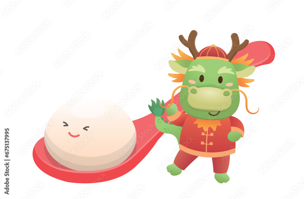 Naklejka premium Cute dragon character or mascot, glutinous rice dumpling with glutinous rice balls for Lantern Festival or Winter Solstice, Asian sticky rice sweet food, vector cartoon style