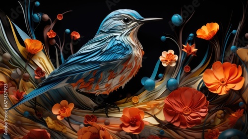  a painting of a blue bird sitting on a branch surrounded by orange and blue flowers and leaves on a black background. generative ai