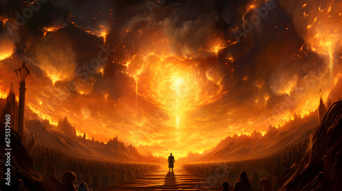 Photo A man stands in a massive crowd, all gazing up at a sky ablaze with infernal clouds, depicting a fantasy art scene reminiscent of judgment day