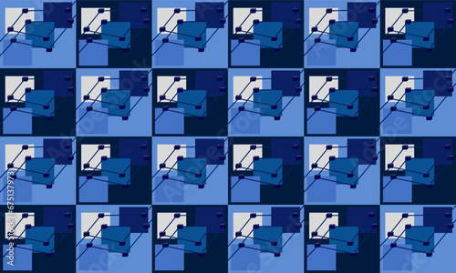 Blue puzzle block arrange in chessboard, checker repeat seamless patter design for fabric printing, abstract network block