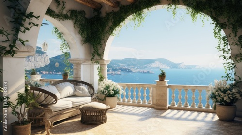  a balcony with a couch and potted plants and a view of a body of water with mountains in the distance.  generative ai