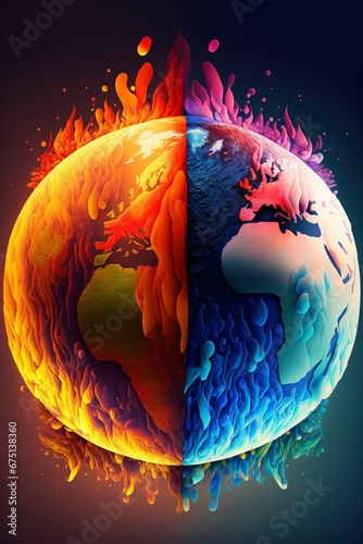 AI generated illustration of colorful earth planet on fire destruction  global danger concept