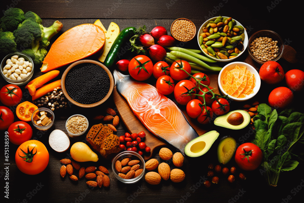 Foto de Food products representing the food pyramid Healthy lifestyle Foto de Food products representing the food pyramid Healthy lifestyle