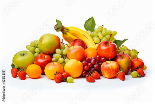 Collection of fruit on white background. Food products representing the food pyramid. Healthy lifestyle, wholefoods and a balanced diet.