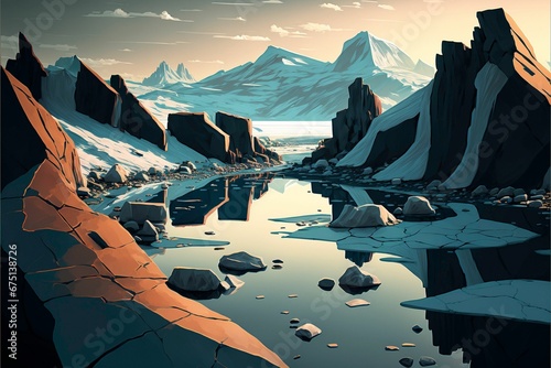 AI generated illustration of landscape with frozen rocks on water and snowy mountains