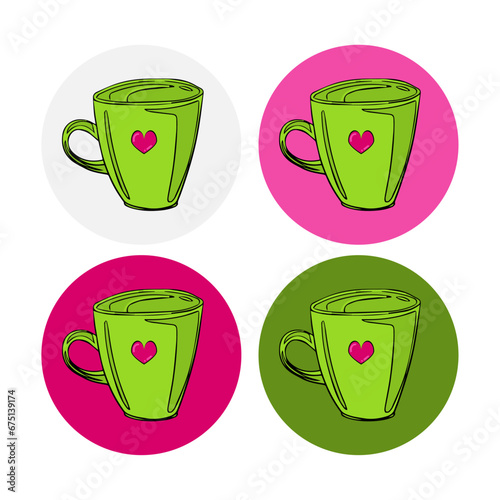 Vector color cup icon. Pin. A cup of tea, a cup of coffee with a heart icon. Ceramic Cup
