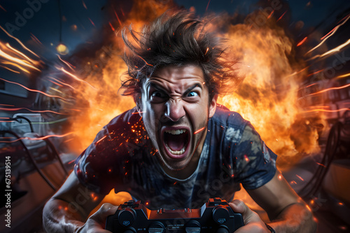 portrait of a furious raging angry gamer man with burning fire background