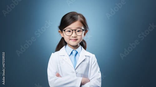 A portrait of Asian Girl child in doctor coat on color background. Green Copy Space for text. Ai generative