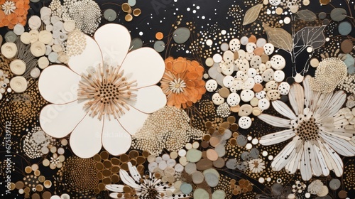  a close up of a painting of flowers and leaves on a black background with gold and white circles and dots. generative ai