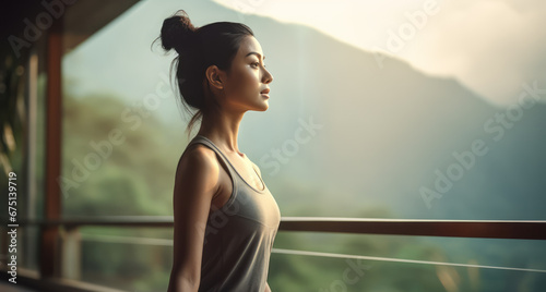 An Asian woman meditates with mountains view. Girl tries to relax. Wears sport suit. Yoga and fitness concept. Sunset or sunrise time. Ai generative.